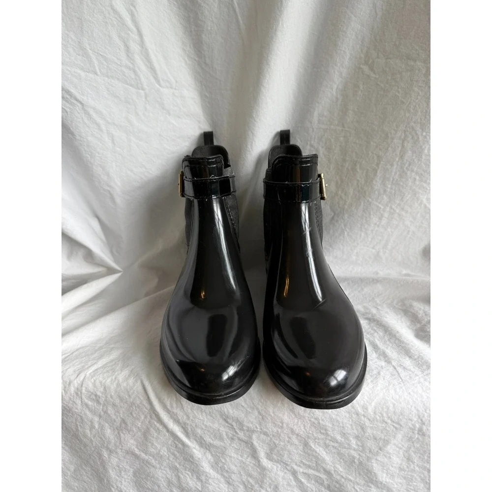 Gioseppo Black Glossy Rubber Ankle Rain Boots Gold Buckle Womens 36‎
